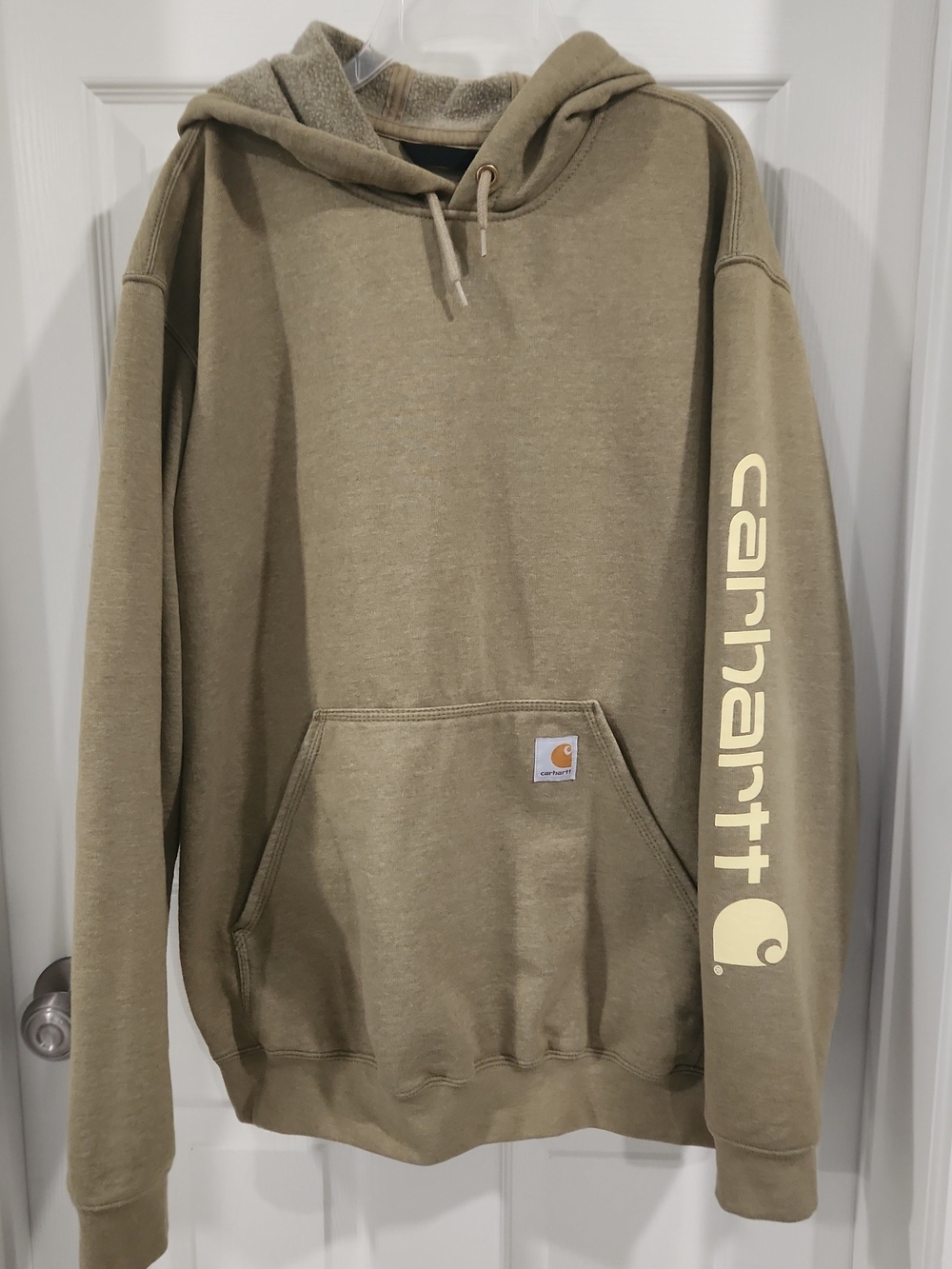 Carhartt Hoodie Sweatshirt Mens Medium Green Loose Fit Yellow Logo On Sleeve - Picture 1 of 5